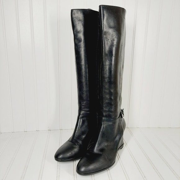 Ralph Lauren Tia Black Leather Side Zip Buckle Detail Wedge Heeled Boots I31 - Picture 2 of 14